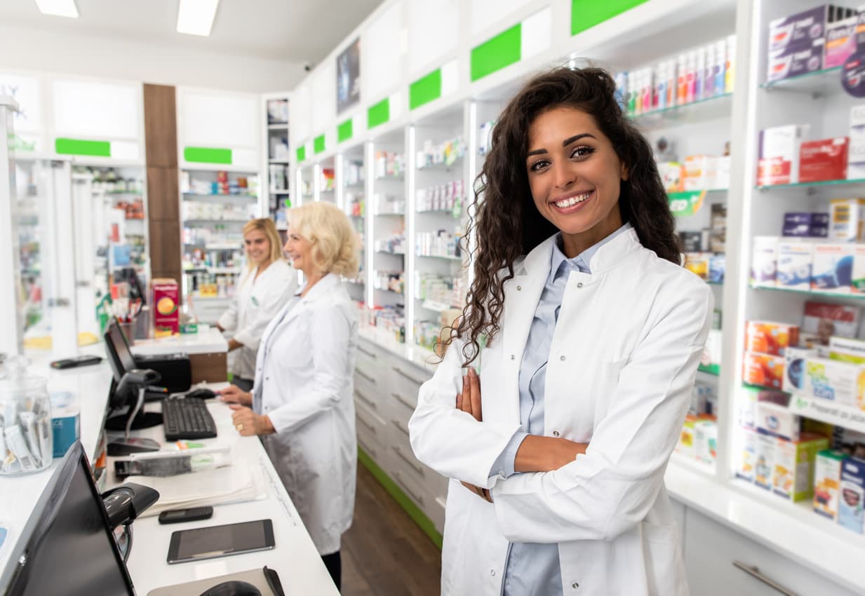 Pharmacy interior — pharmacist at the counter